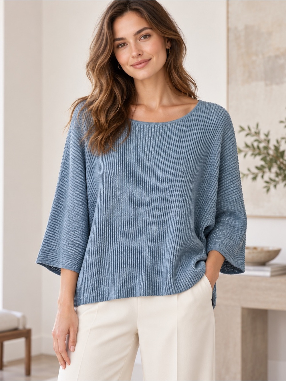 Eileen Fisher Blue Metallic Ribbed Hemp Blend Scoop Neck 3/4 Sleeve Top Size L
